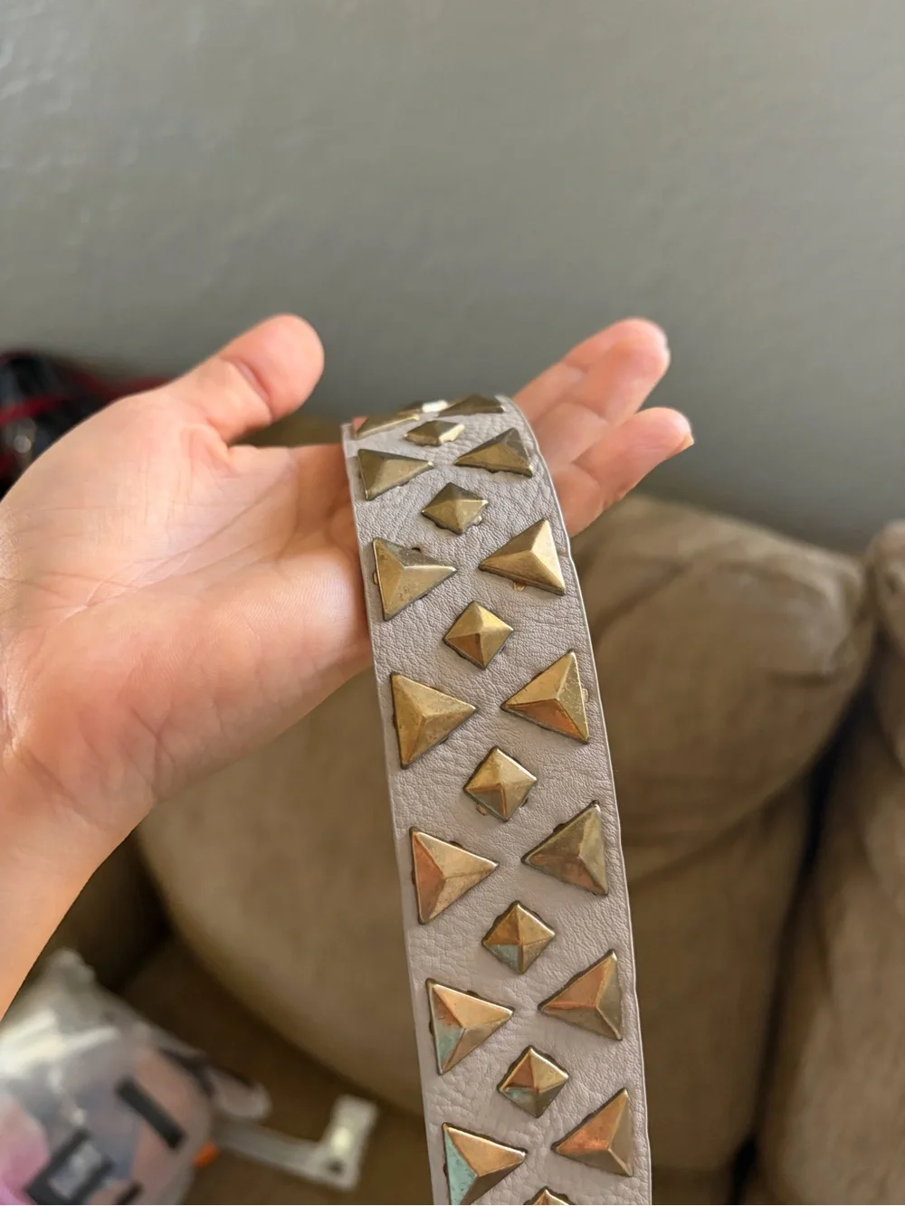 Taupe Studded Leather Belt with Gold Buckle